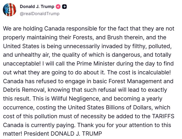 Трамп обвинил Канаду в лесных пожарах и обещает наказать